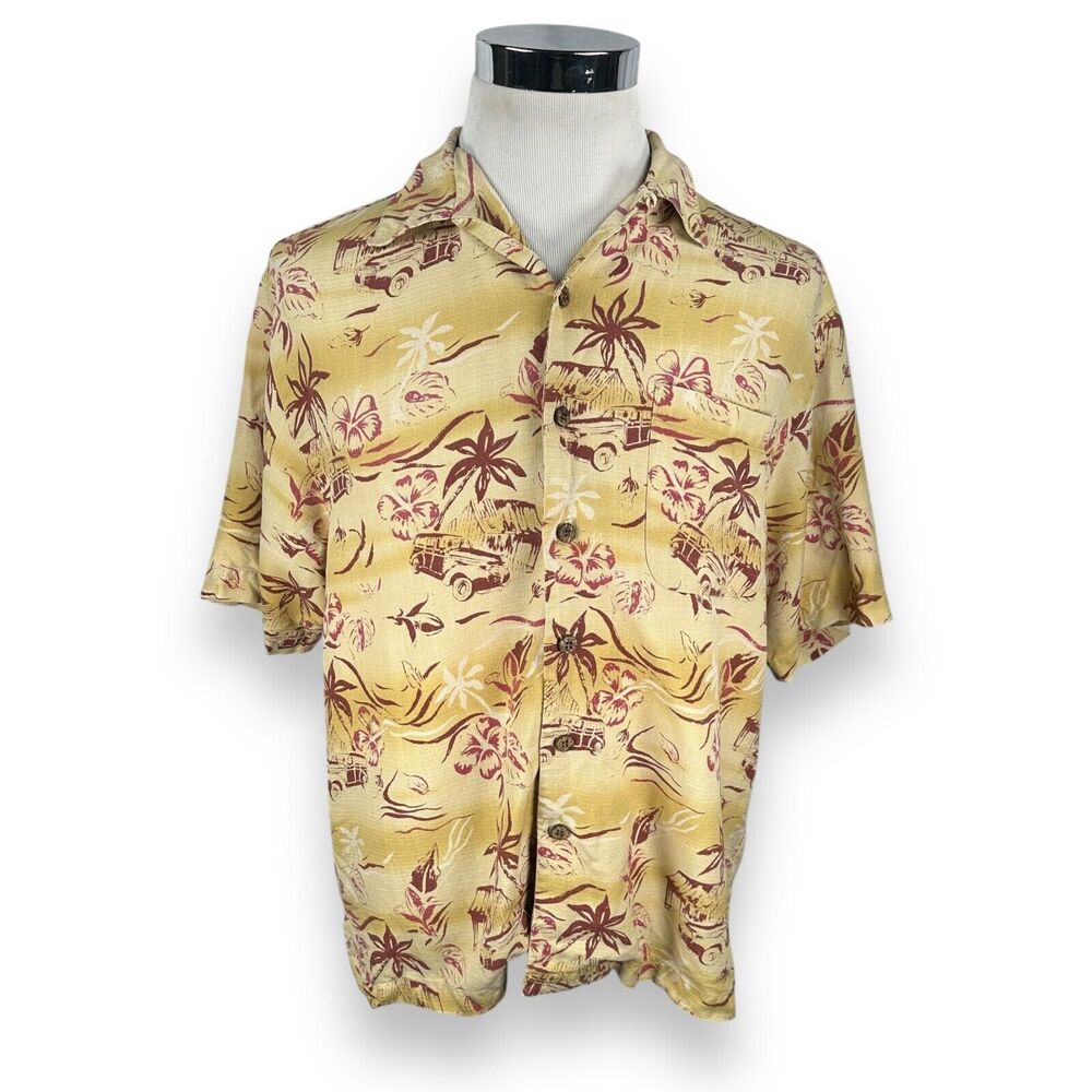 Tommy Bahama Hawaiian Silk Shirt Mens Medium Beige‎ Woody Car Print Short Sleeve